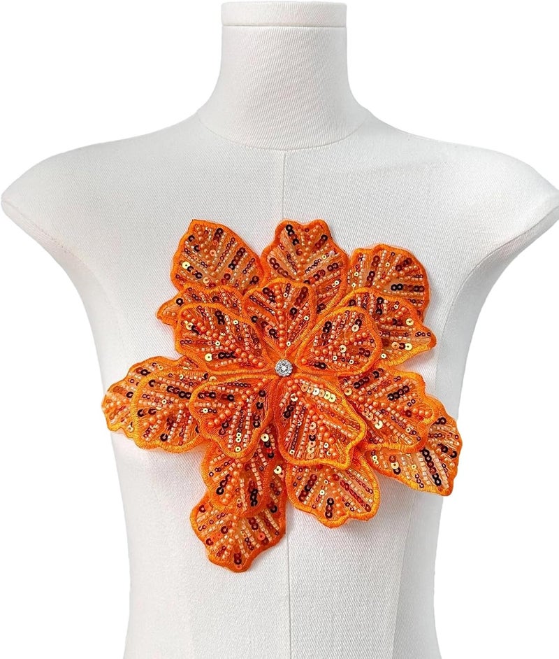 SAIXCCS 1pc Handmade Large Flower Rhinestone Applique for Clothes, Sparkly Sequin Beaded Patches for Wedding Dress, Embroidery Lace Sewing Patches for Bodice Hat Jean Jacket (Orange) - Image 2
